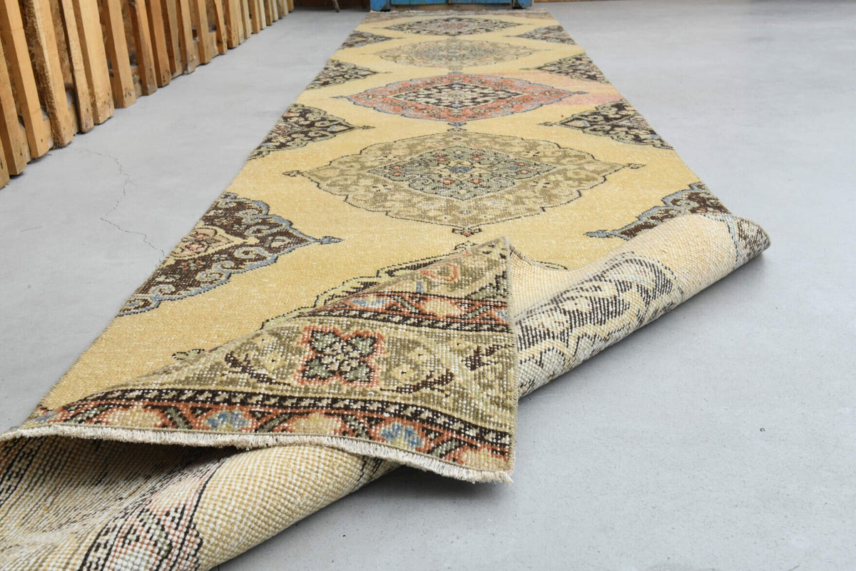 El yapımı vintage yolluk 86x406 cm i̇kat desenli yün - üstten görünüm