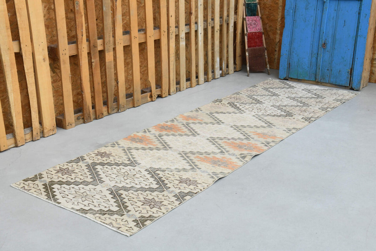 El yapımı vintage yolluk 89x287 cm i̇kat desenli yün - yakın çekim doku detayı