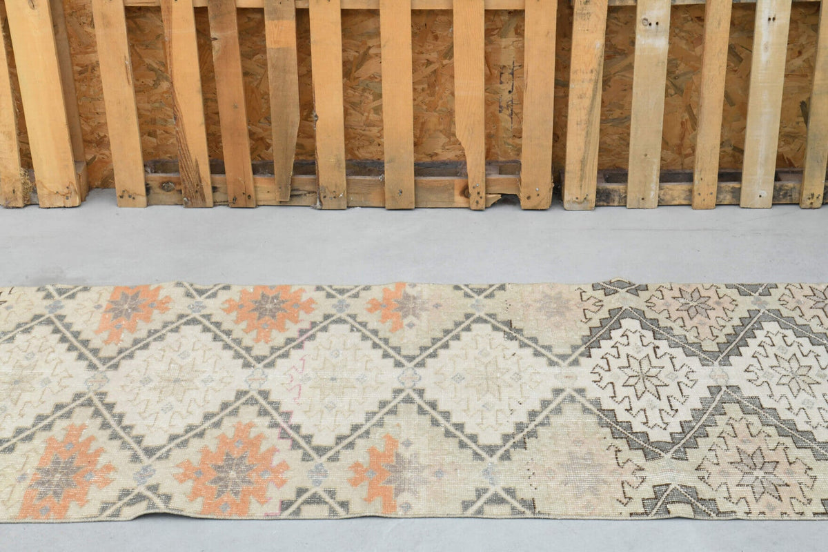 El yapımı vintage yolluk 89x287 cm i̇kat desenli yün - kenar ve saçak detayı