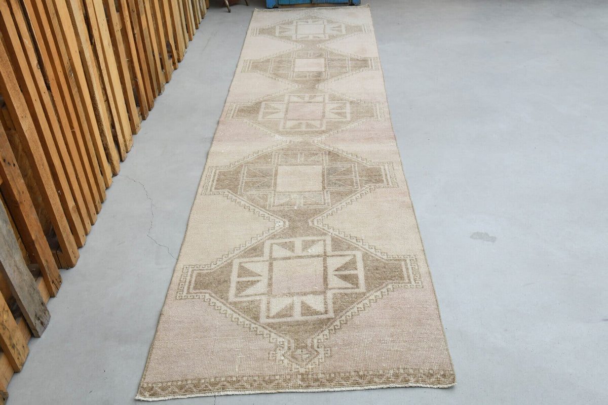 El yapımı vintage yolluk 94x371 cm geometrik desenli yün - detay görünümü