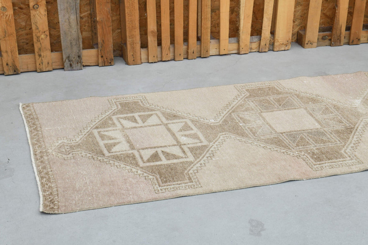 El yapımı vintage yolluk 94x371 cm geometrik desenli yün - kenar ve saçak detayı