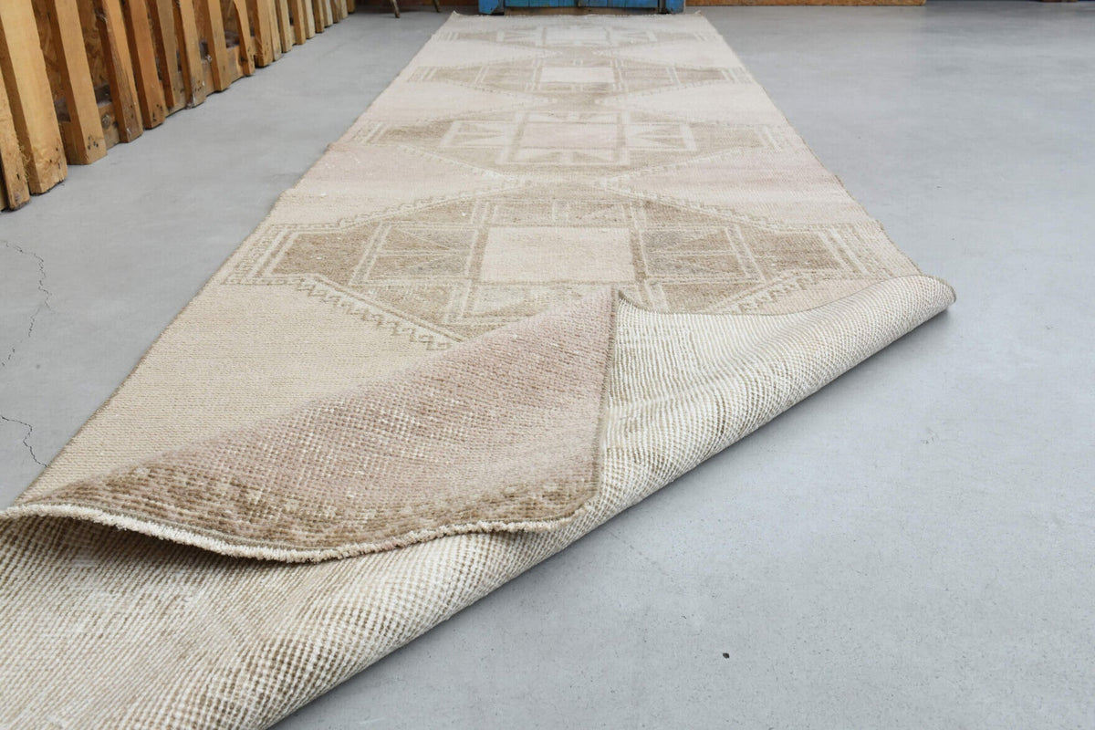 El yapımı vintage yolluk 94x371 cm geometrik desenli yün
