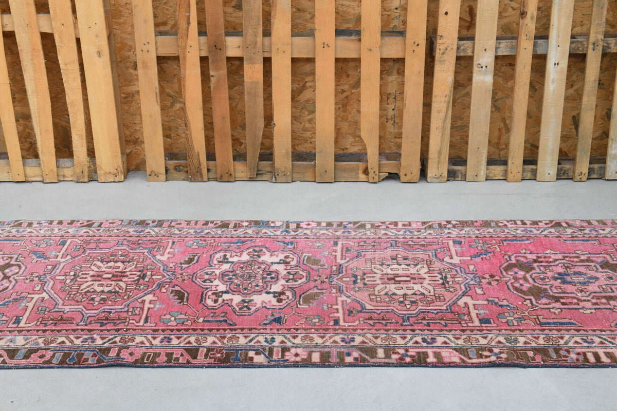 El yapımı vintage yolluk 94x320 cm tribal desenli yün - kenar ve saçak detayı