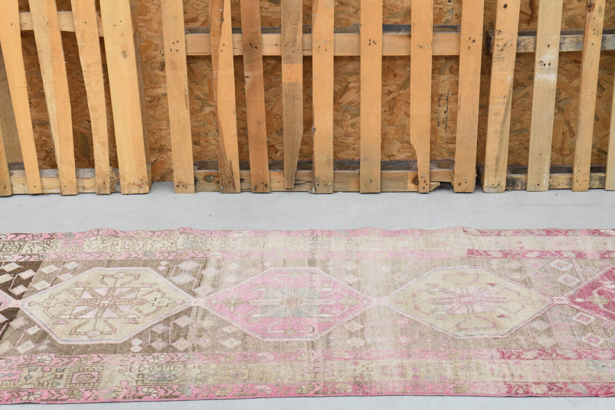 El yapımı vintage yolluk 102x335 cm geometrik desenli yün - kenar ve saçak detayı