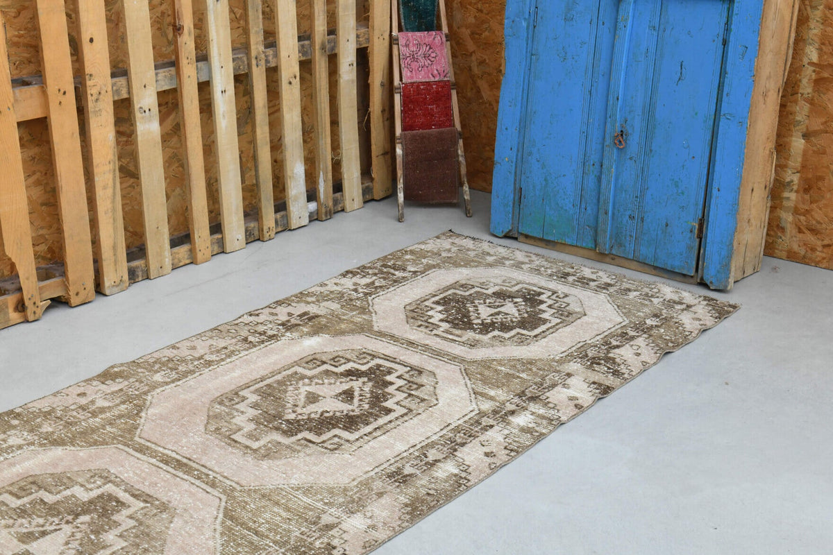 El yapımı vintage yolluk 97x371 cm geometrik desenli yün - kenar ve saçak detayı