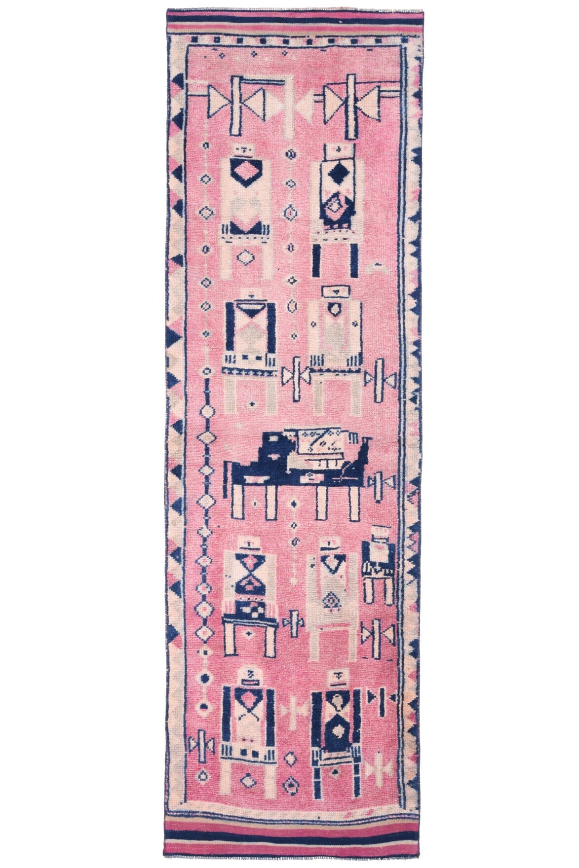 El yapımı vintage yolluk 102x333 cm geleneksel desenli yün