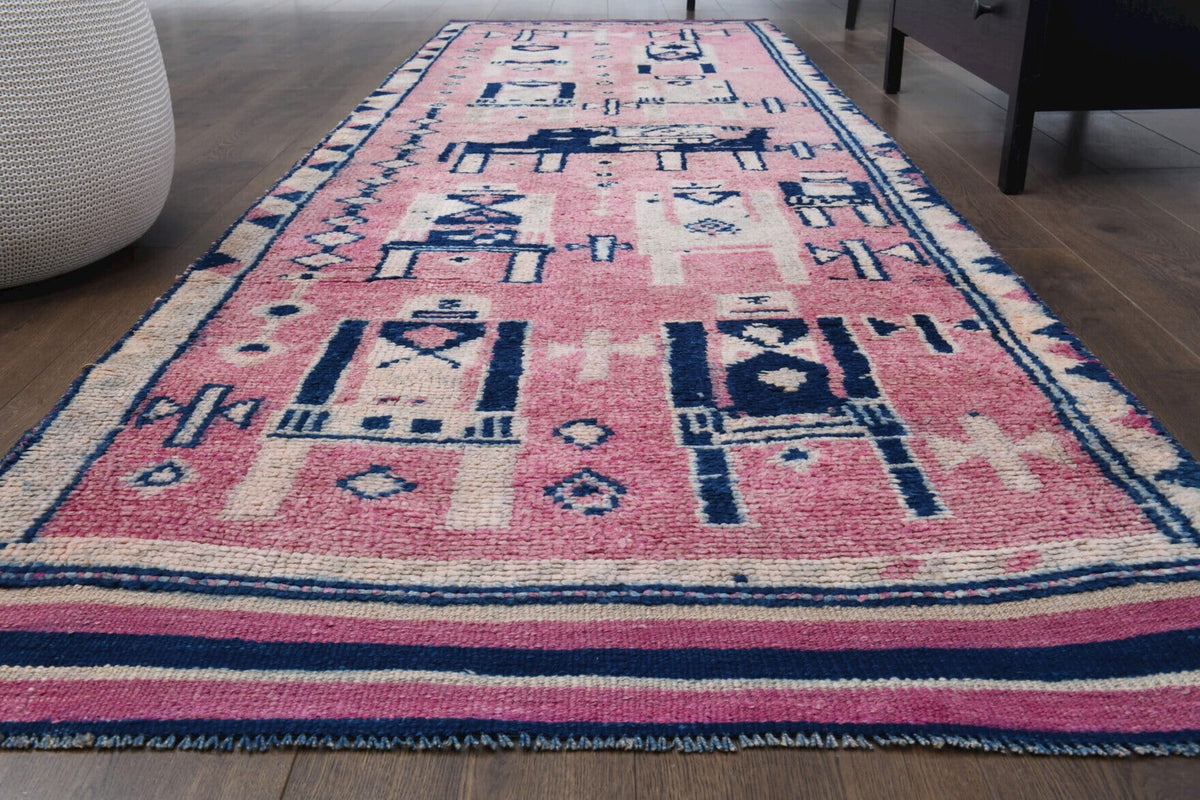 El yapımı vintage yolluk 102x333 cm geleneksel desenli yün - yakın çekim doku detayı