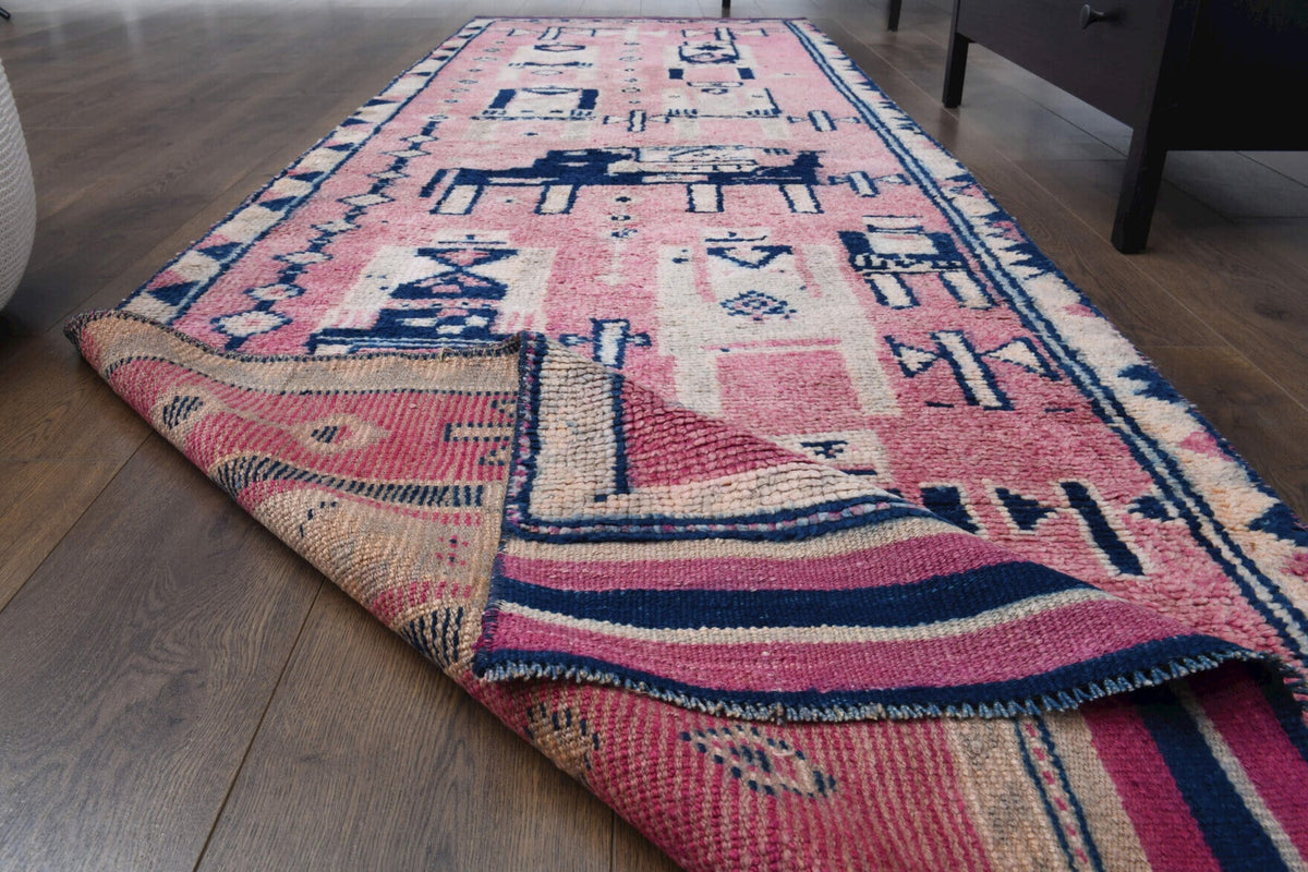 El yapımı vintage yolluk 102x333 cm geleneksel desenli yün - kenar ve saçak detayı