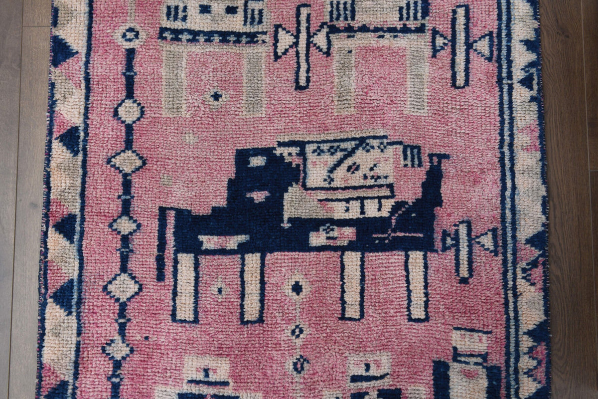 El yapımı vintage yolluk 102x333 cm geleneksel desenli yün - açık alan görünümü