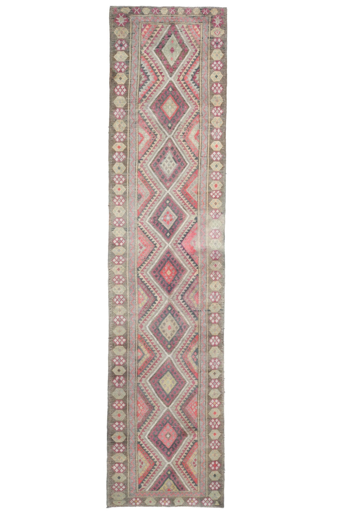 El yapımı vintage yolluk 94x422 cm i̇kat desenli yün - açık alan görünümü