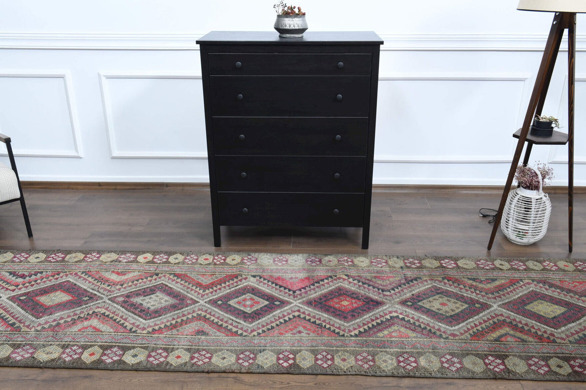 El yapımı vintage yolluk 94x422 cm i̇kat desenli yün - kenar ve saçak detayı