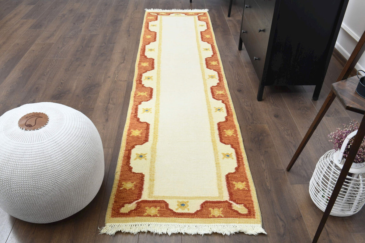 El yapımı vintage yolluk 74x290 cm tribal bordürlü desenli yün - detay görünümü