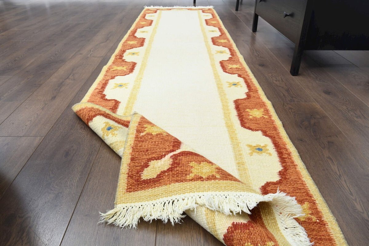 El yapımı vintage yolluk 74x290 cm tribal bordürlü desenli yün - kenar ve saçak detayı