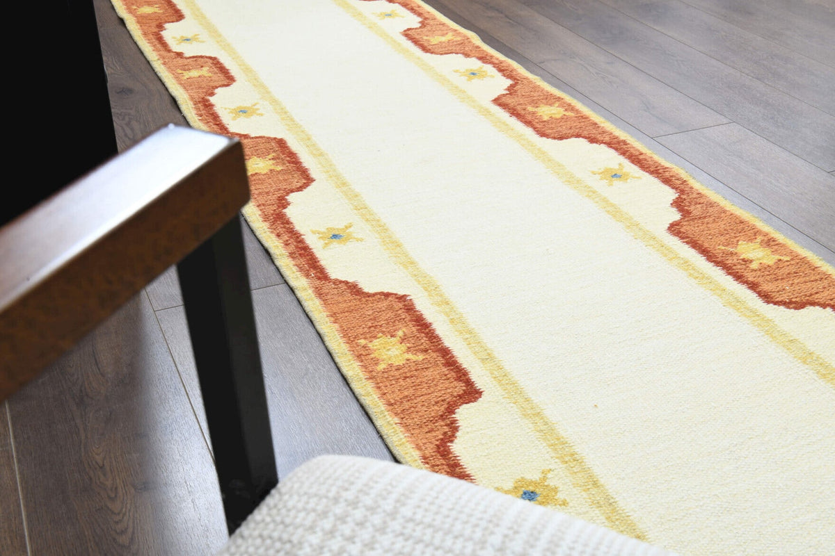 El yapımı vintage yolluk 74x290 cm tribal bordürlü desenli yün - farklı açıdan görünüm