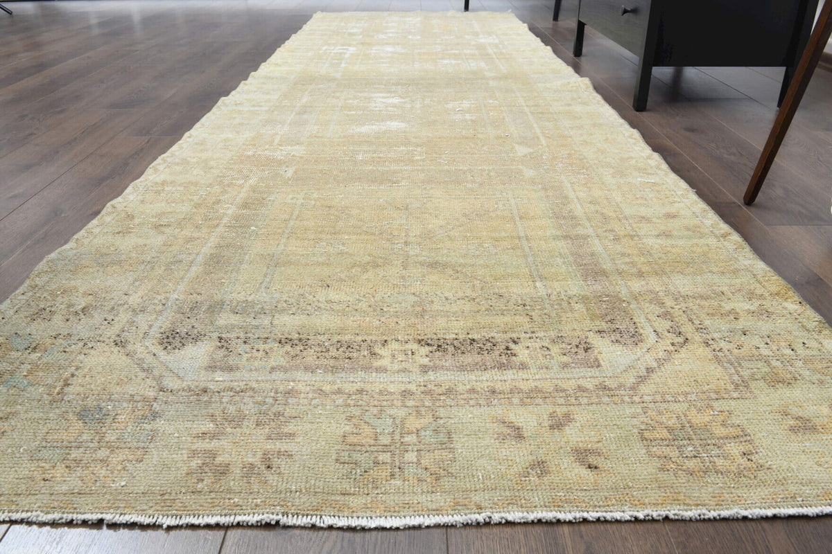 El yapımı vintage yolluk 109x361 cm soyut desenli yün - yakın çekim doku detayı