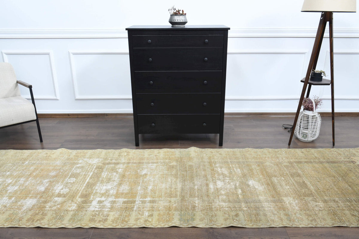 El yapımı vintage yolluk 109x361 cm soyut desenli yün - kenar ve saçak detayı