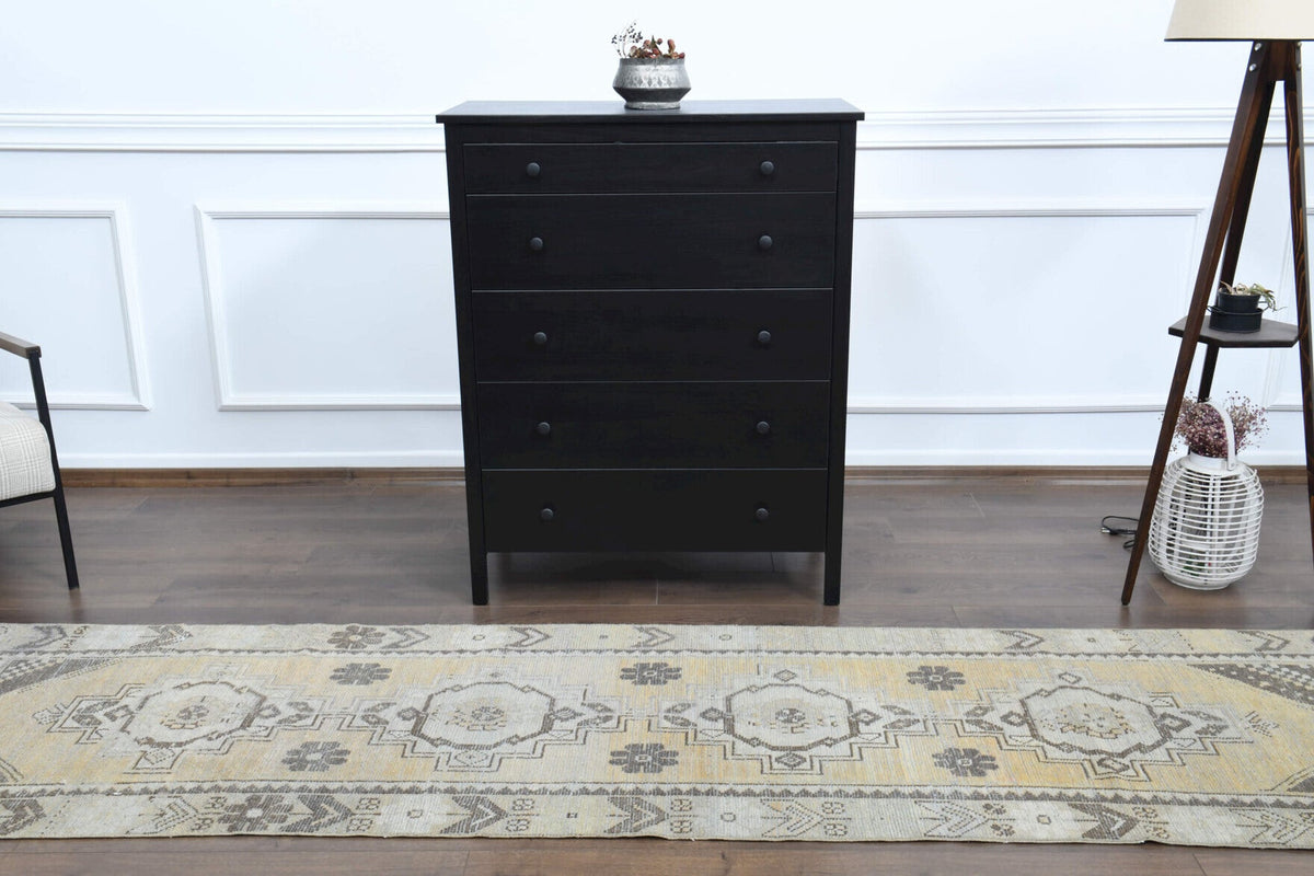 El yapımı vintage yolluk 81x318 cm oryantal desenli yün - kenar ve saçak detayı