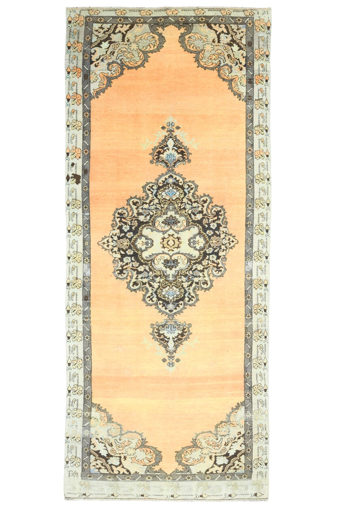 El yapımı vintage yolluk 157x366 cm madalyonlu desenli yün - farklı açıdan görünüm