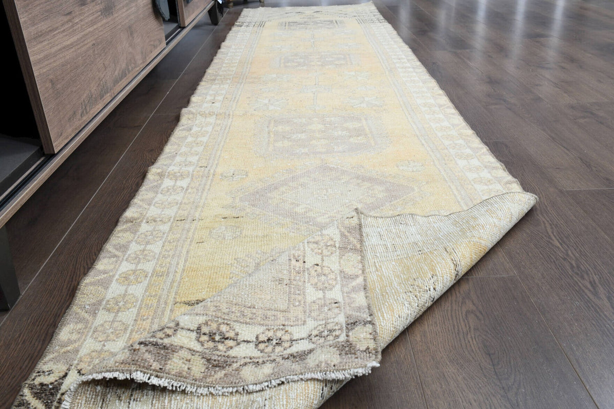 El yapımı vintage yolluk 79x330 cm tribal desenli yün - kenar ve saçak detayı