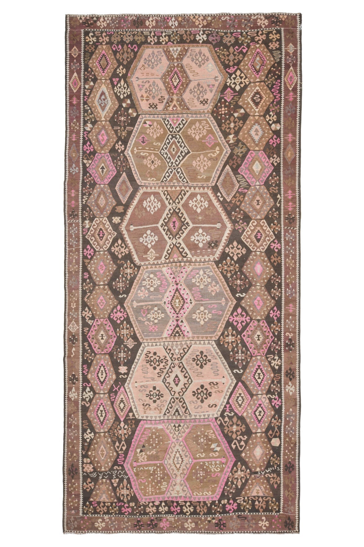 El yapımı vintage yolluk 188x414 cm tribal desenli yün