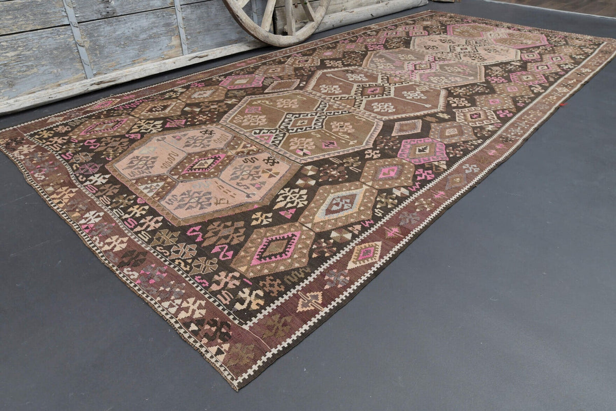 El yapımı vintage yolluk 188x414 cm tribal desenli yün - kenar ve saçak detayı