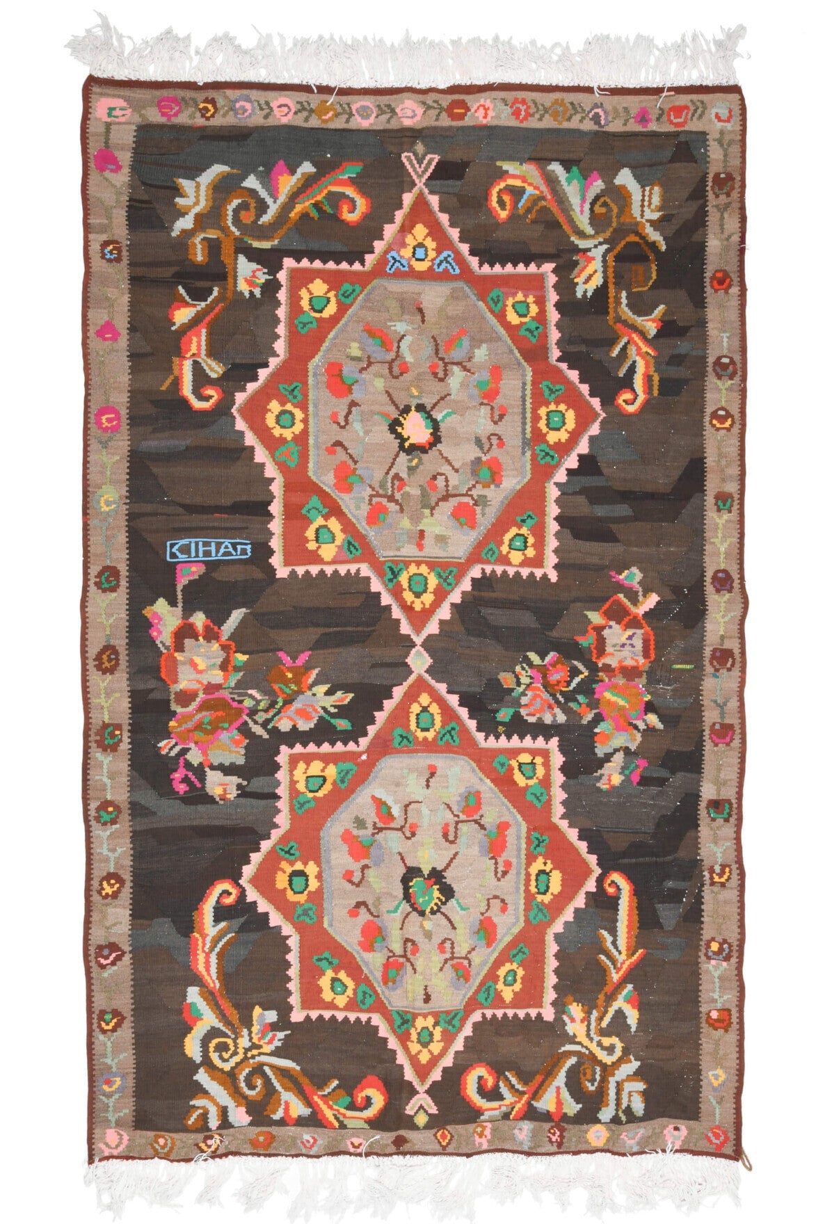 El yapımı vintage halı 185x310 cm oryantal desenli yün
