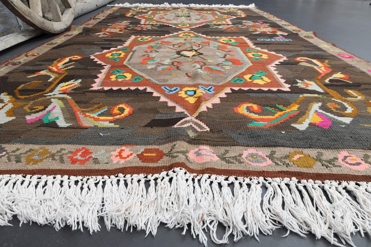 El yapımı vintage halı 185x310 cm oryantal desenli yün - yakın çekim doku detayı