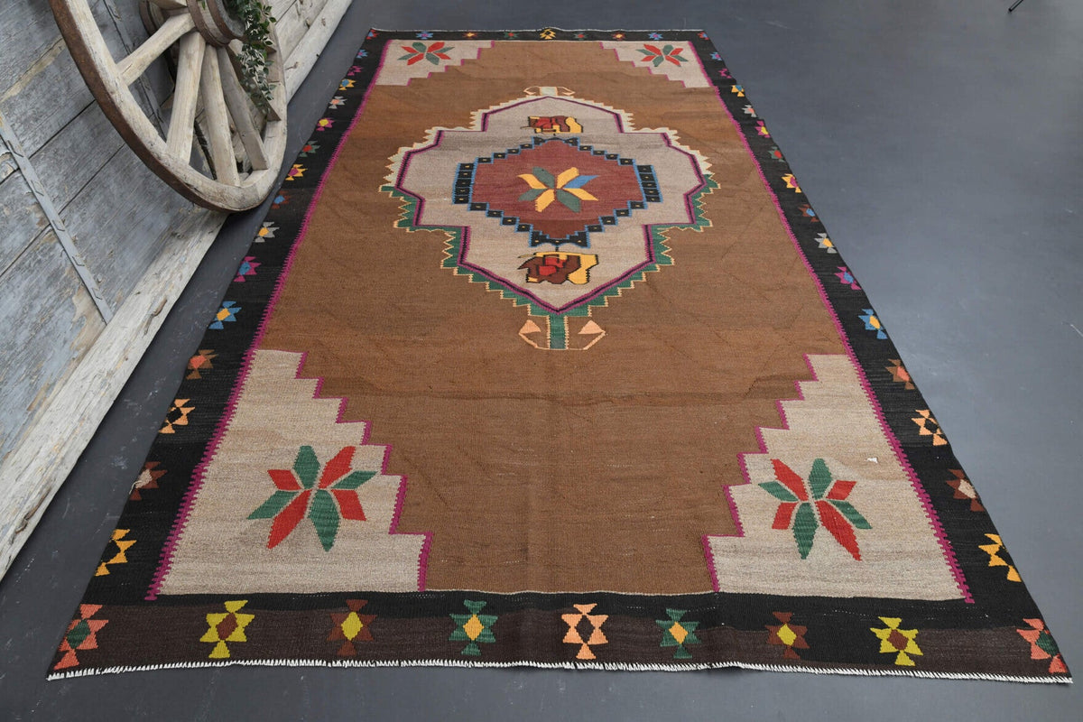 El yapımı vintage halı 180x345 cm oryantal desenli yün - detay görünümü