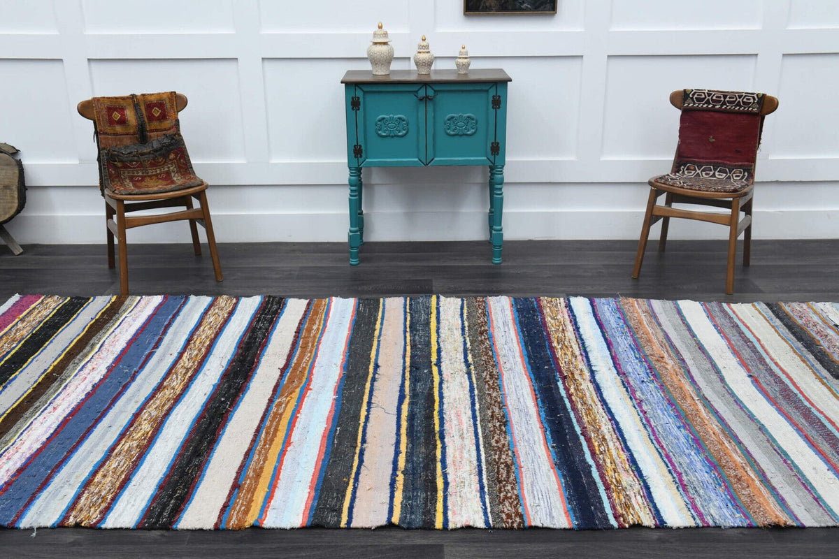 El yapımı vintage halı 170x361 cm oryantal desenli yün - kenar ve saçak detayı