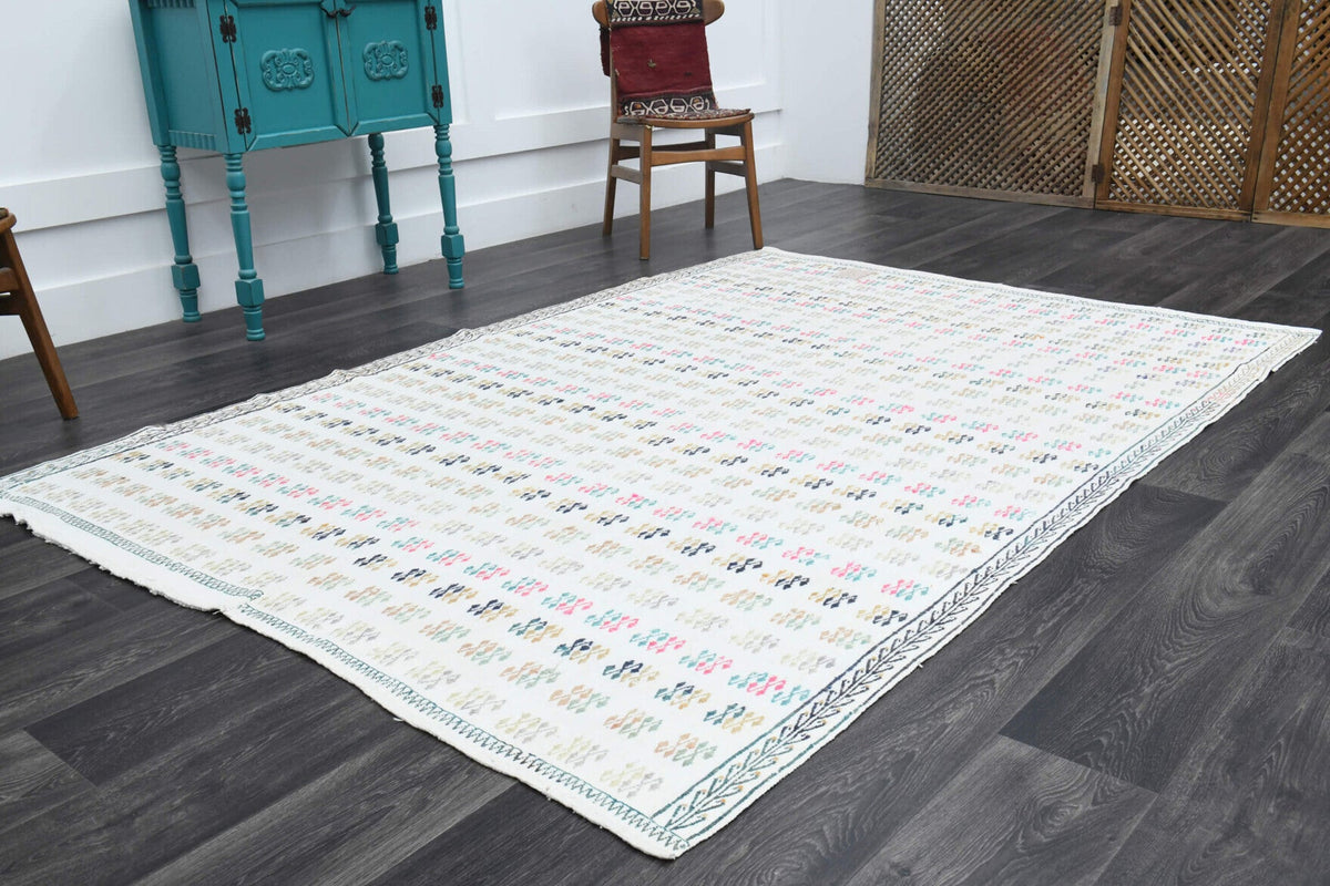 El yapımı vintage halı 183x264 cm oryantal desenli yün - yakın çekim doku detayı