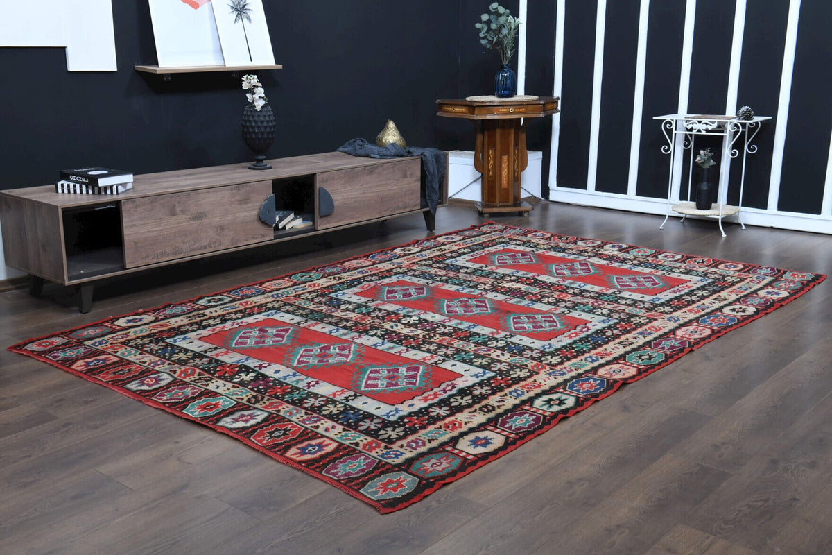 El yapımı vintage halı 208x310 cm oryantal desenli yün - mekan görünümü