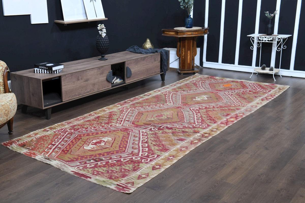 El yapımı vintage yolluk 157x376 cm oryantal desenli yün - üstten görünüm