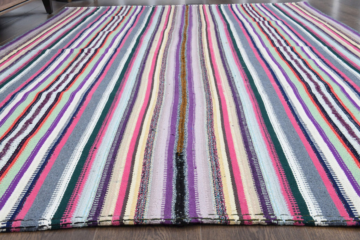 El yapımı vintage halı 180x274 cm çizgili desenli yün - detay görünümü