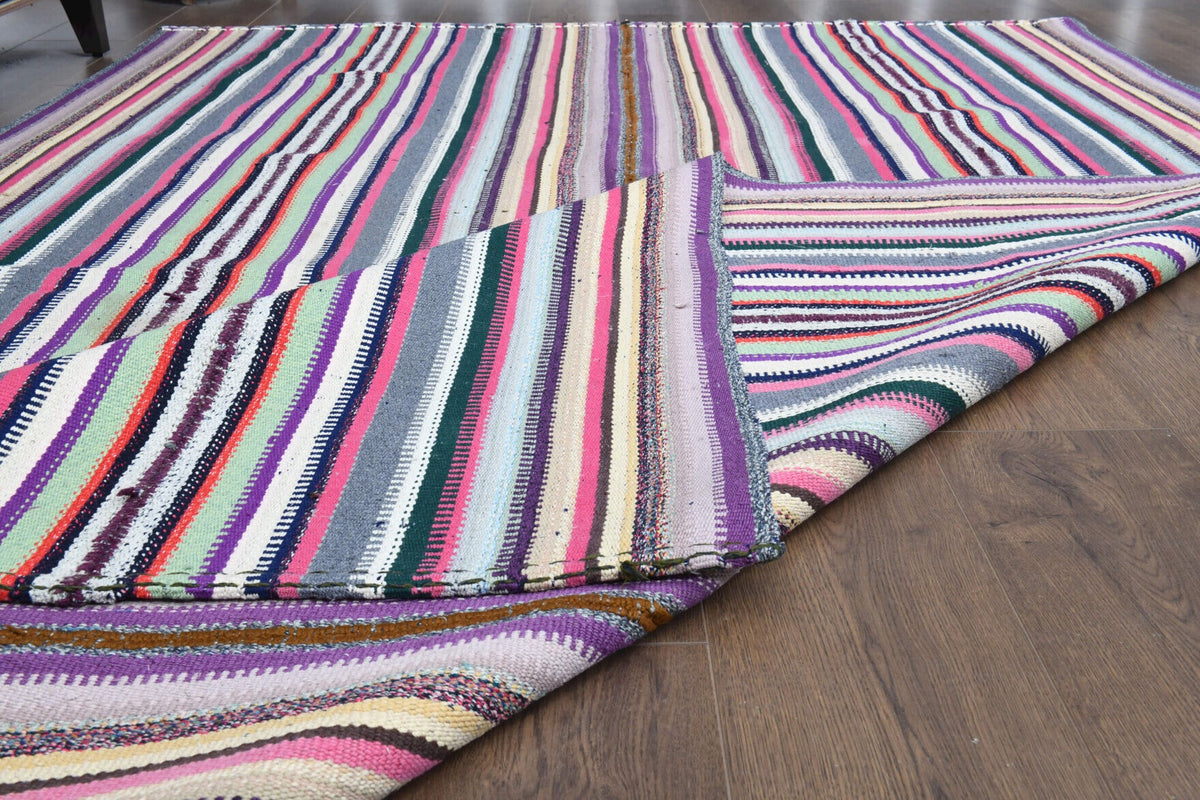 El yapımı vintage halı 180x274 cm çizgili desenli yün - kenar ve saçak detayı