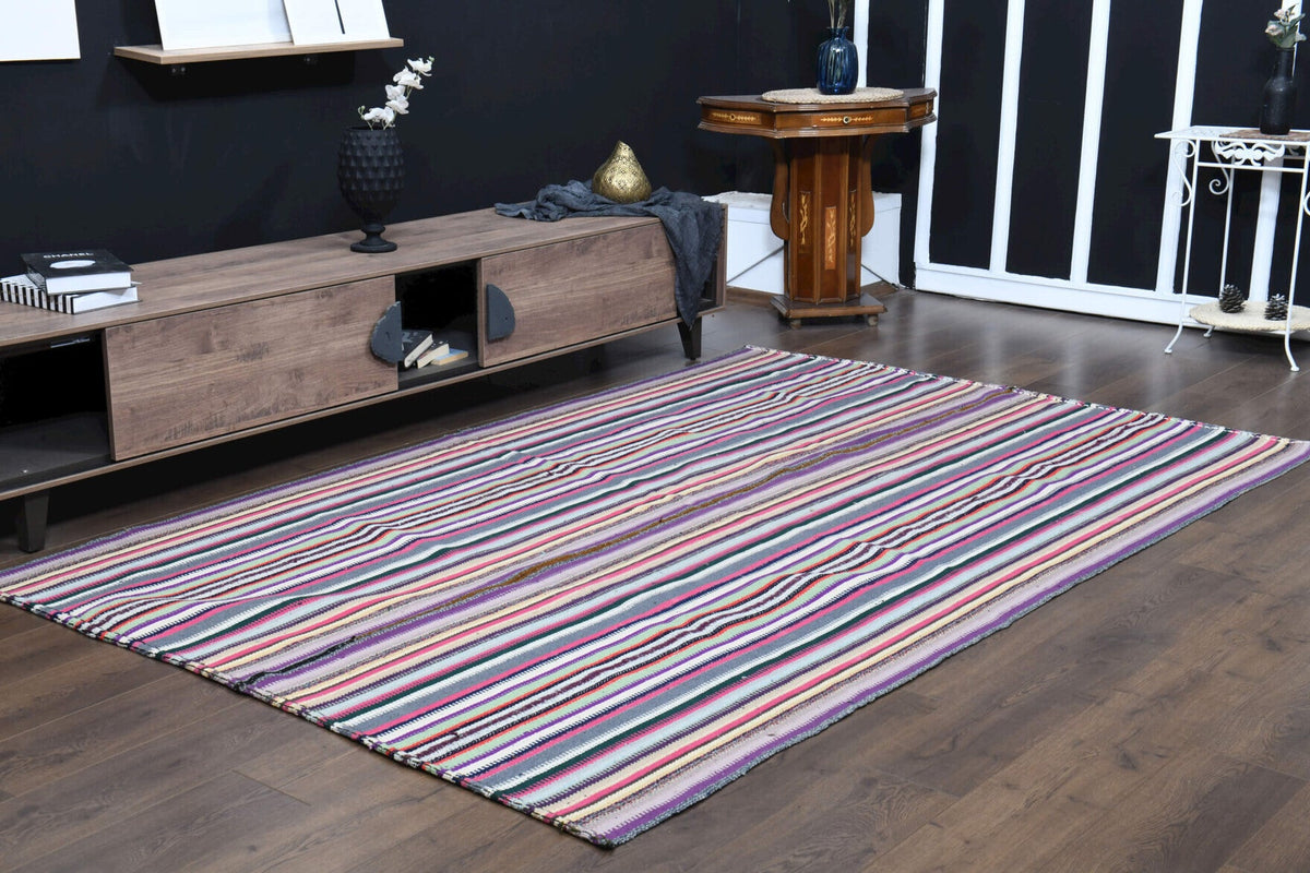 El yapımı vintage halı 180x274 cm çizgili desenli yün - desen detayı