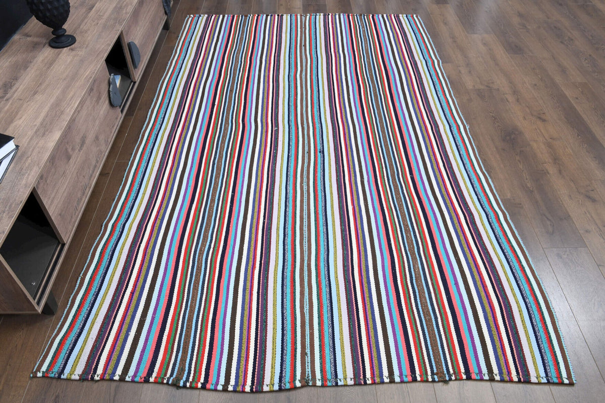 El yapımı vintage halı 183x277 cm çizgili desenli yün - detay görünümü