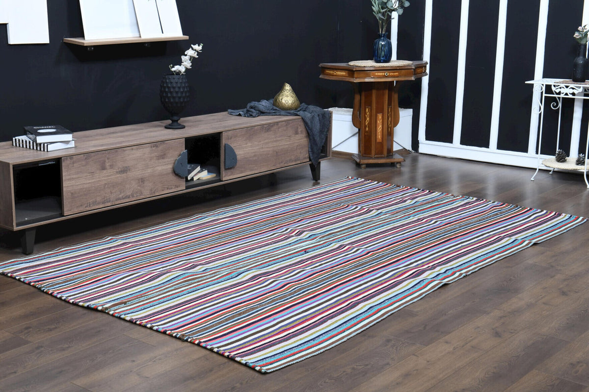 El yapımı vintage halı 183x277 cm çizgili desenli yün - desen detayı