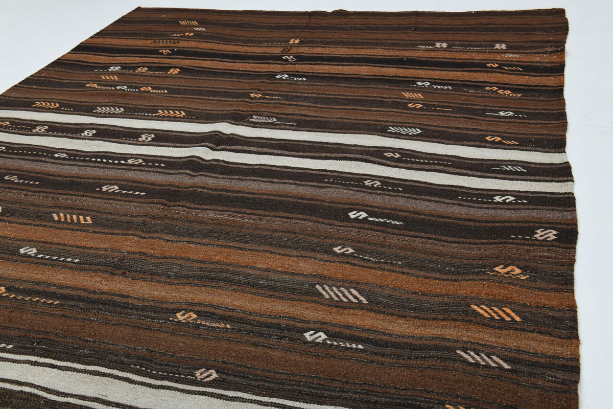 El yapımı vintage halı 170x318 cm çizgili desenli yün - kenar ve saçak detayı