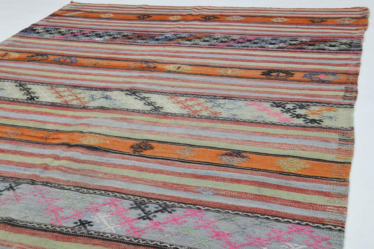 El yapımı vintage yolluk 178x353 cm çizgili desenli yün - kenar ve saçak detayı