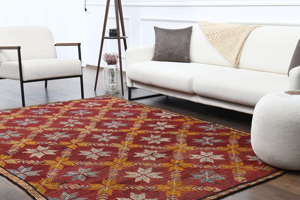 El yapımı vintage halı 188x277 cm i̇kat desenli yün - ışık altında renk detayı