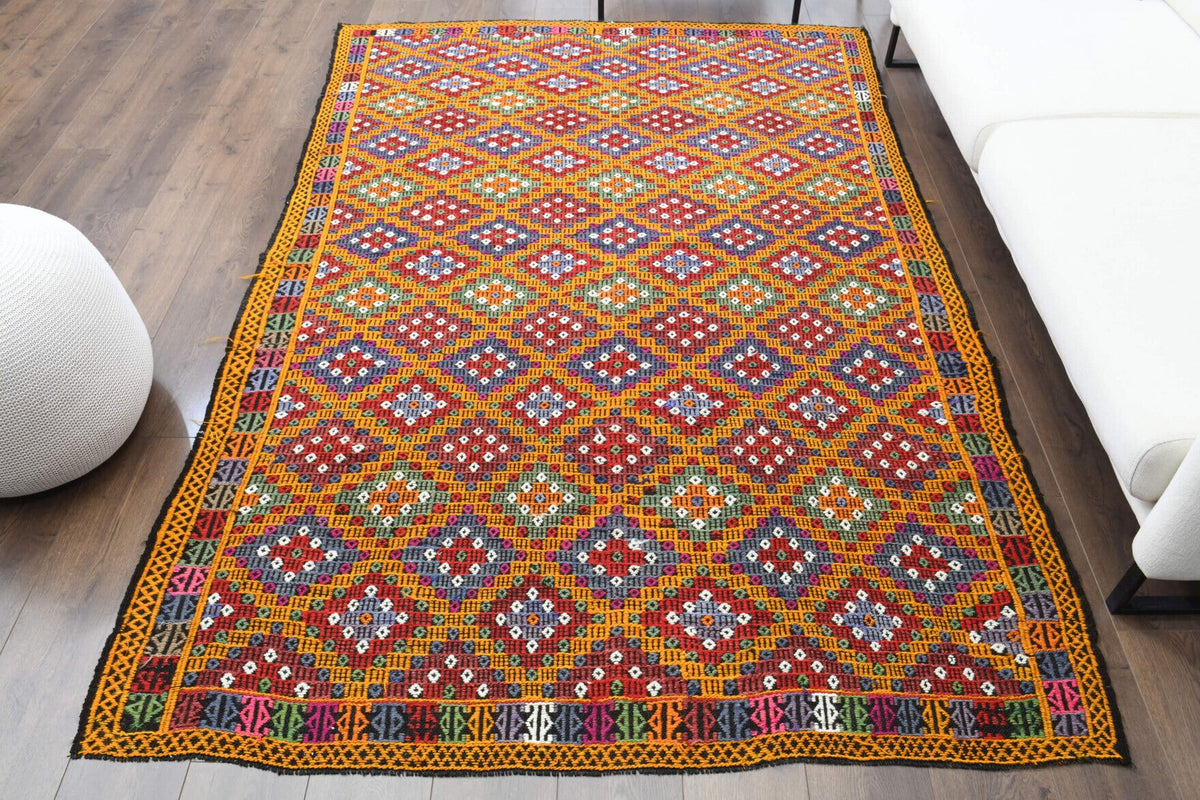 El yapımı vintage halı 178x257 cm i̇kat desenli yün - detay görünümü