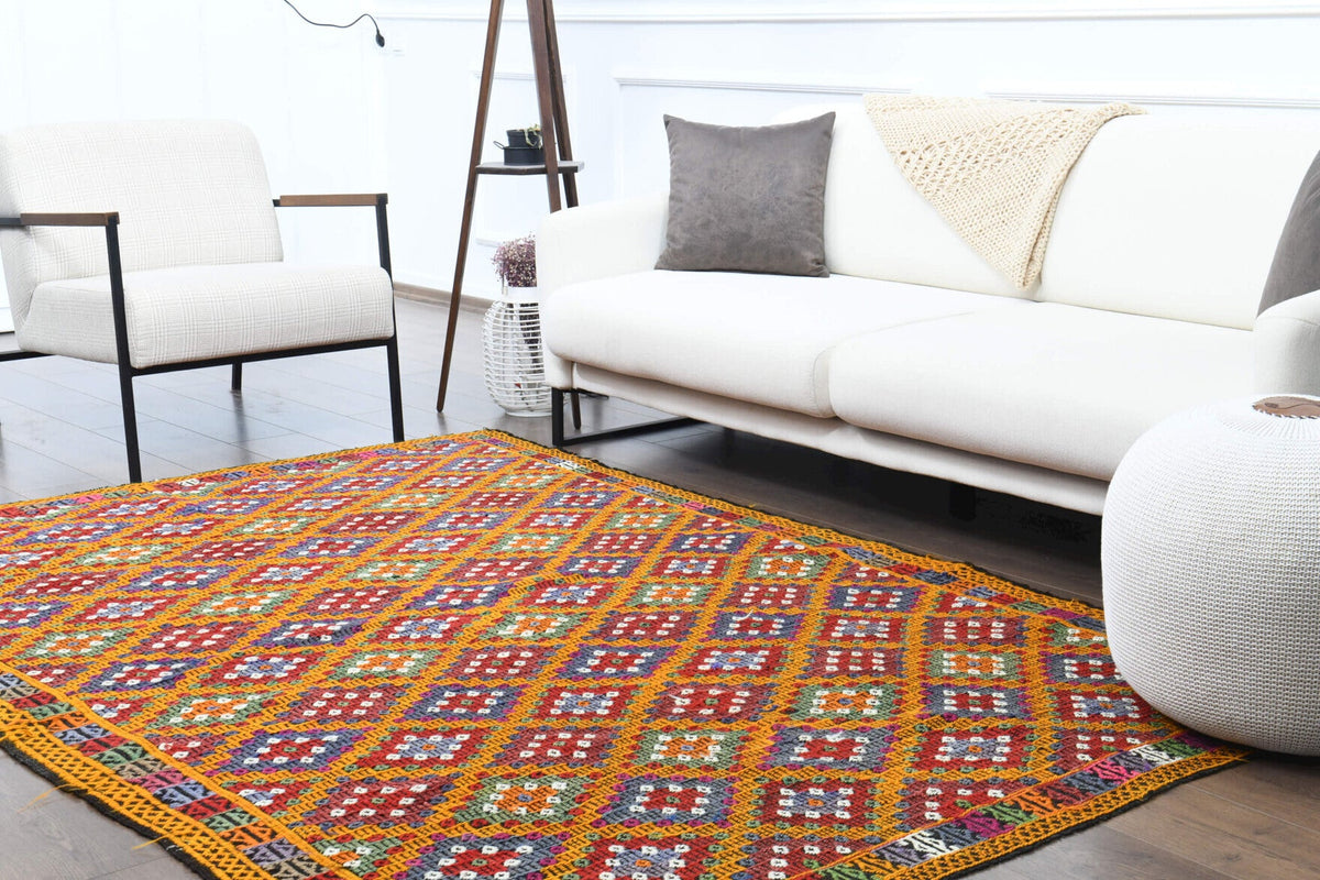 El yapımı vintage halı 178x257 cm i̇kat desenli yün - üstten görünüm