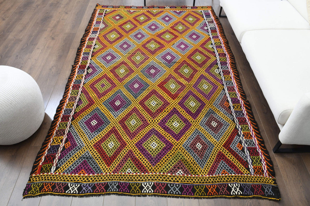 El yapımı vintage halı 157x262 cm i̇kat desenli yün - detay görünümü