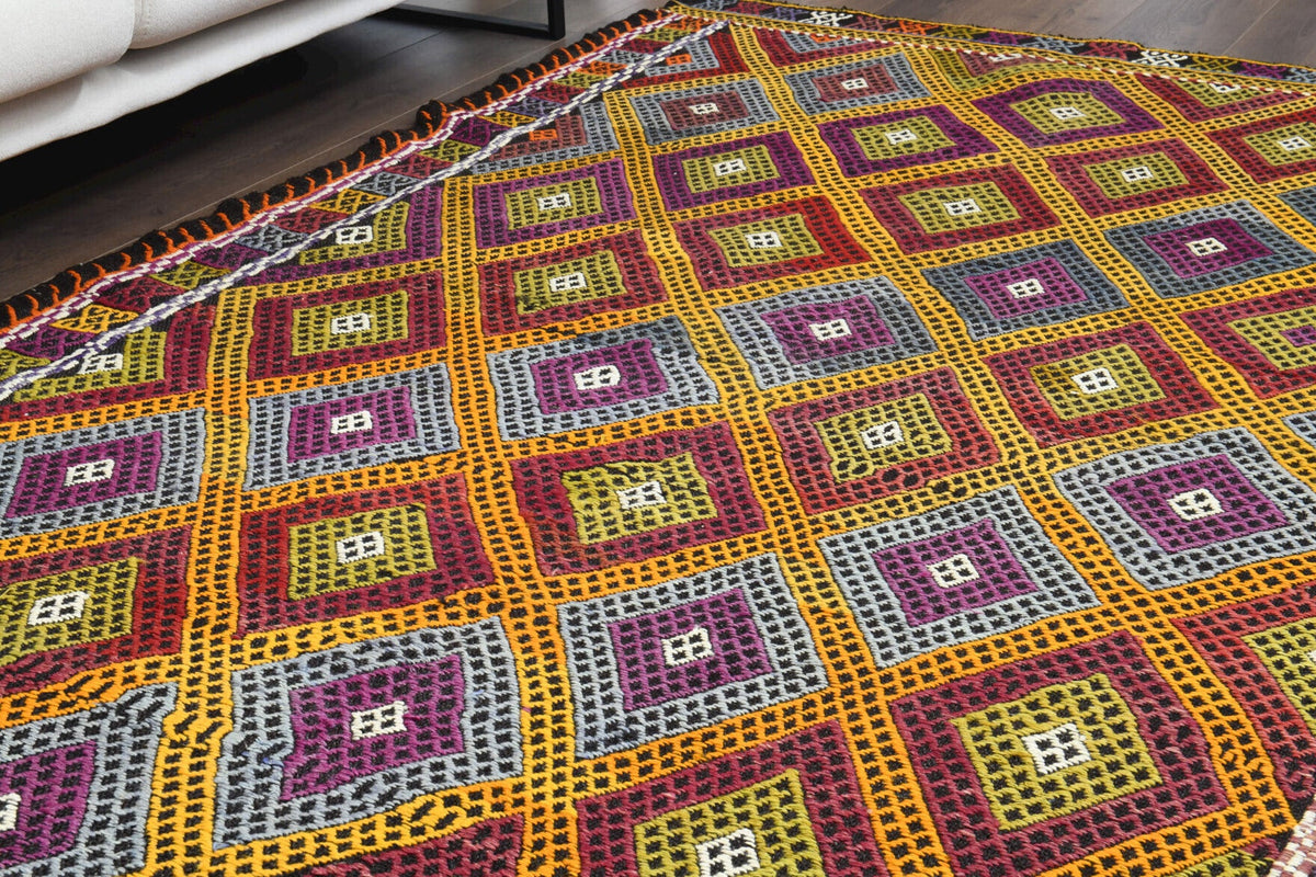 El yapımı vintage halı 157x262 cm i̇kat desenli yün - desen detayı