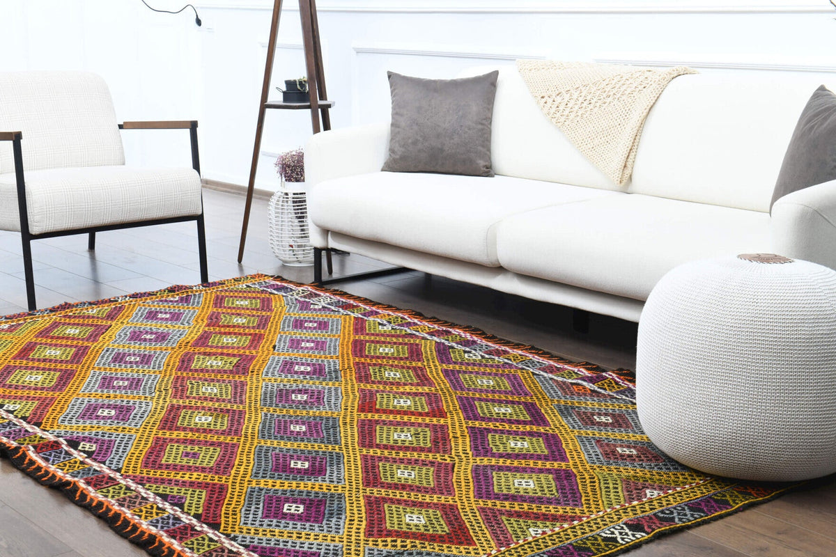 El yapımı vintage halı 157x262 cm i̇kat desenli yün - üstten görünüm