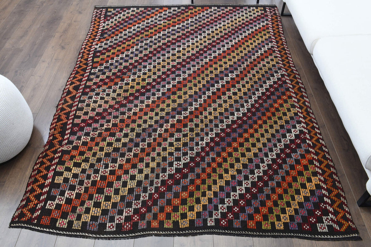El yapımı vintage halı 183x290 cm i̇kat desenli yün - detay görünümü