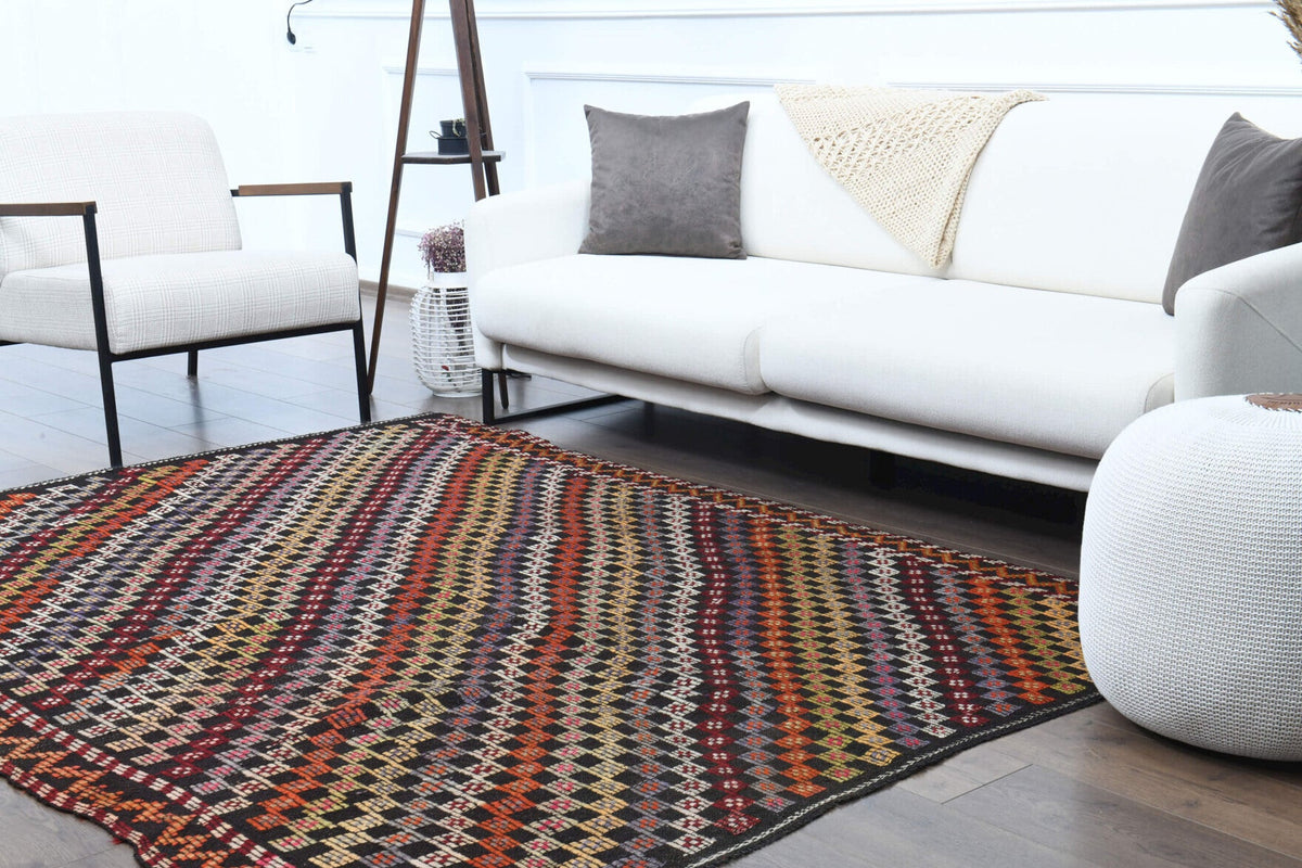 El yapımı vintage halı 183x290 cm i̇kat desenli yün - üstten görünüm