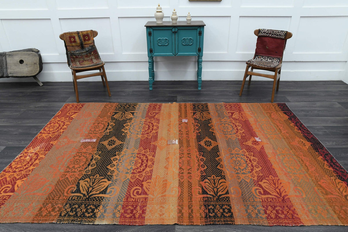 El yapımı vintage halı 183x287 cm tribal desenli yün - yakın çekim doku detayı