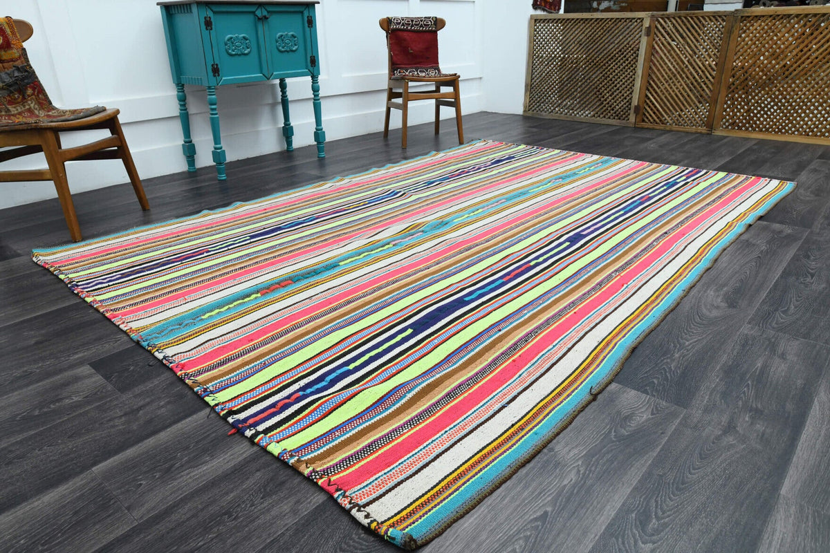 El yapımı vintage halı 198x290 cm çizgili desenli yün - yakın çekim doku detayı