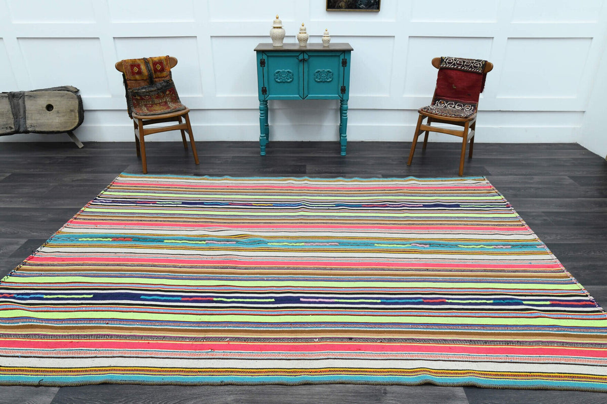 El yapımı vintage halı 198x290 cm çizgili desenli yün - kenar ve saçak detayı
